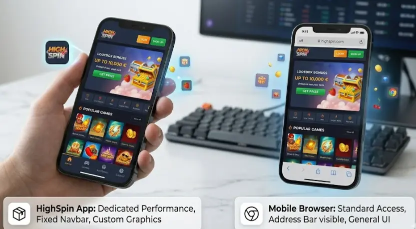 A side-by-side comparison shows the HighSpin App with a fixed navbar and custom graphics versus a mobile browser with standard access.