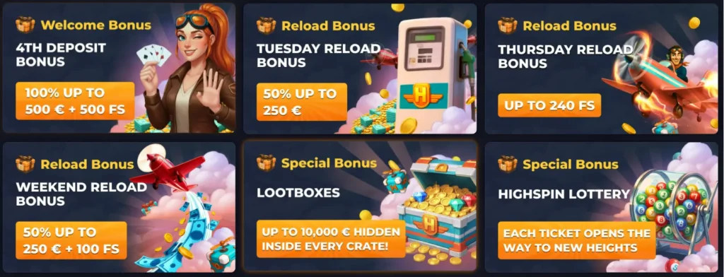 A grid display shows HighSpin bonuses, detailing welcome offers, reloads, and special rewards.