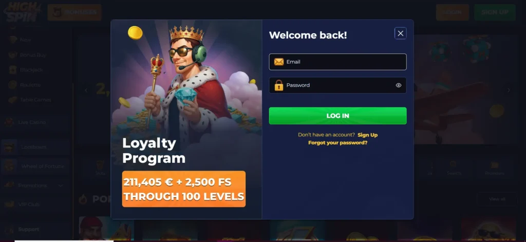 A login window features the HighSpin loyalty program banner to encourage user sign-in.