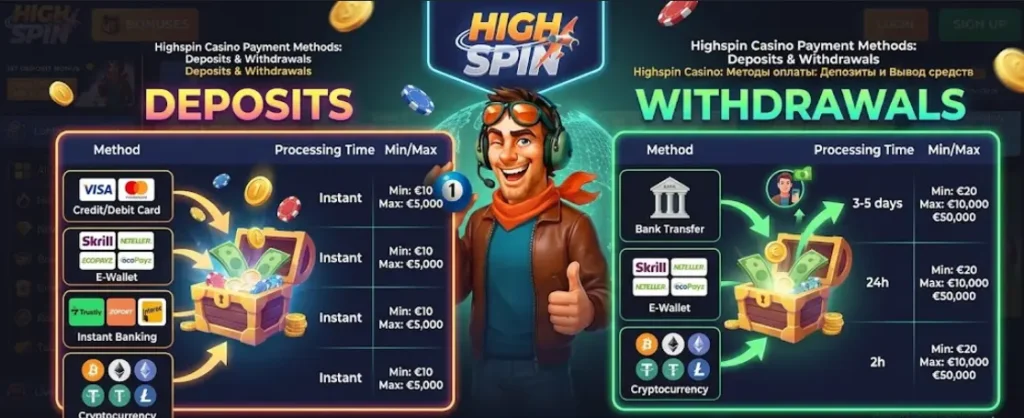 An infographic shows HighSpin Casino payment options for deposits and withdrawals.