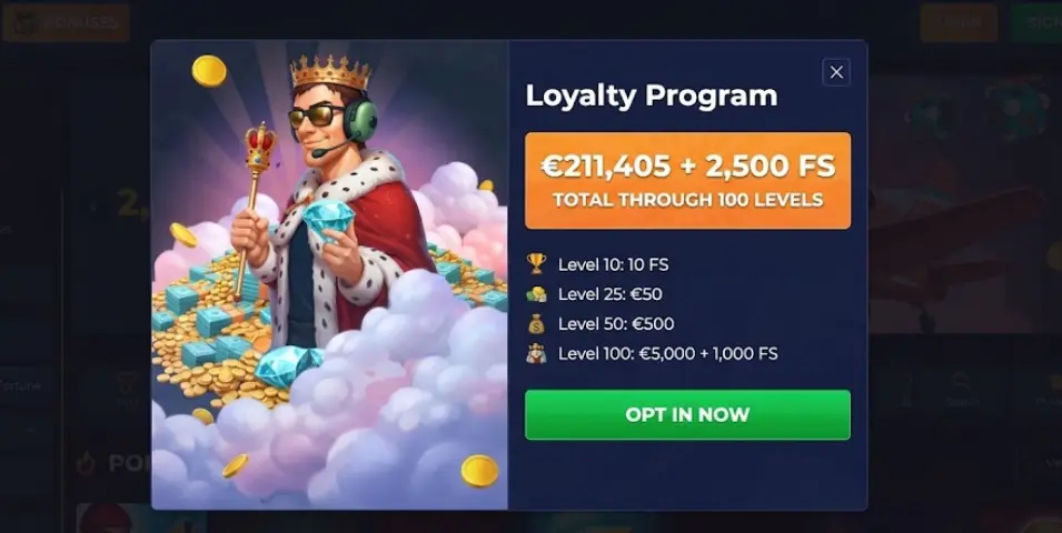 The HighSpin Loyalty Program popup showcases tiered level rewards and an active opt-in button.