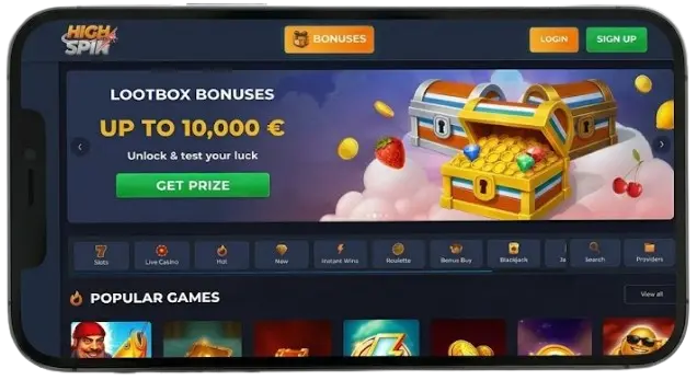 A phone displays a casino interface with a bonus banner, which promotes current offers.