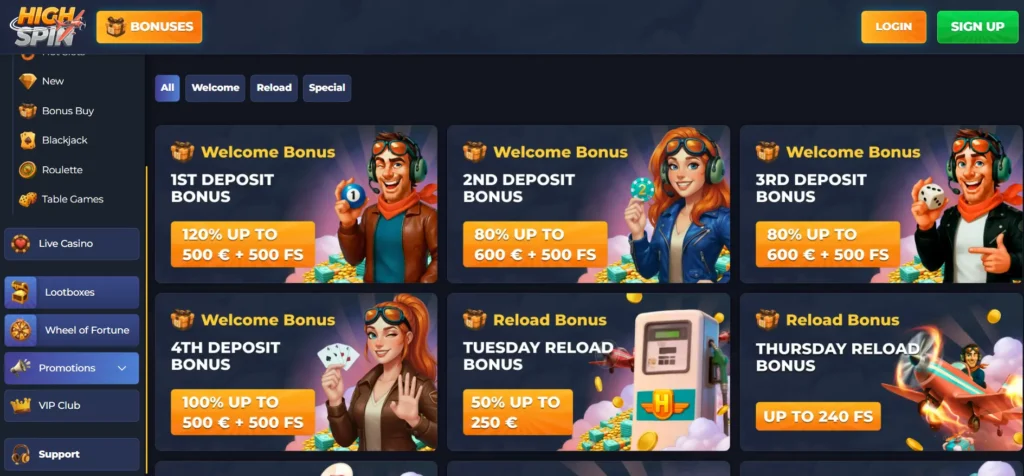 The promotions page of Highspin Casino with different welcome and reload bonus offers for players.