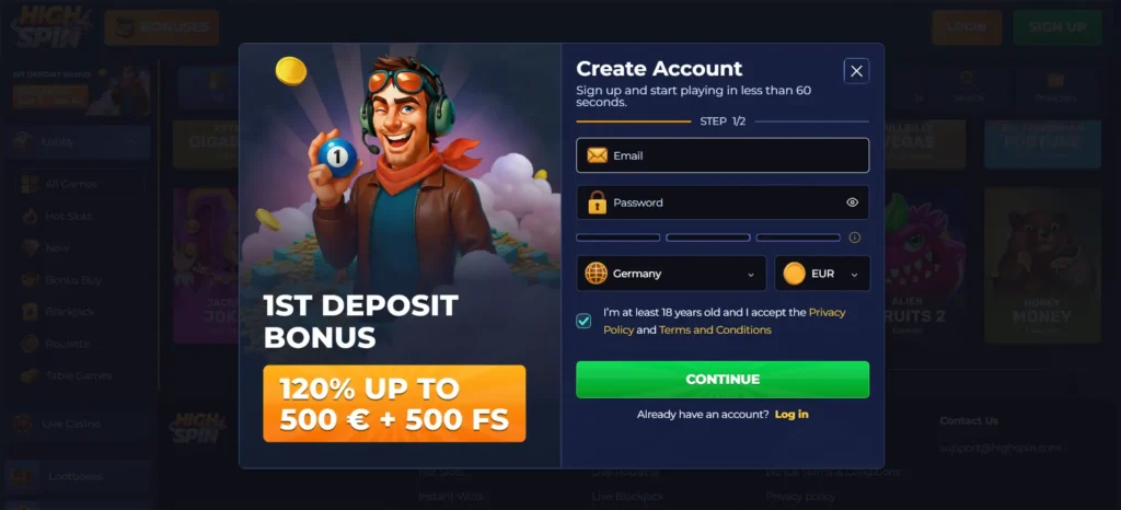 A registration window displays a first deposit bonus banner to entice new users to sign up.