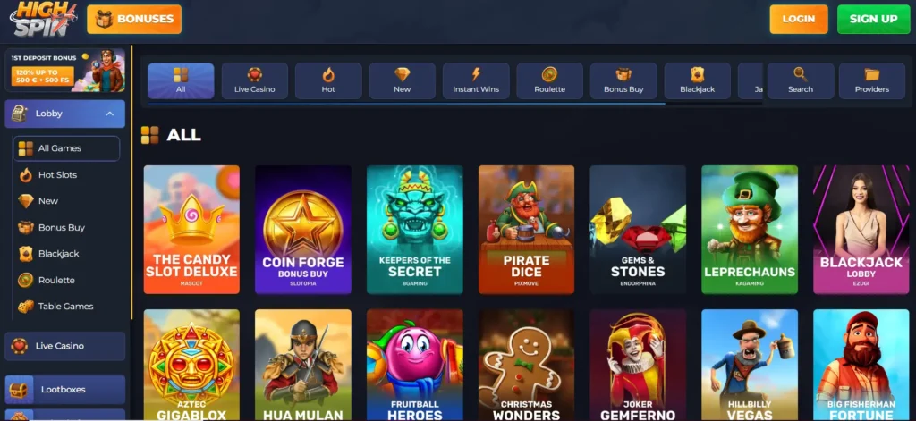 The game lobby of Highspin Casino with a selection of popular online slots and table games.