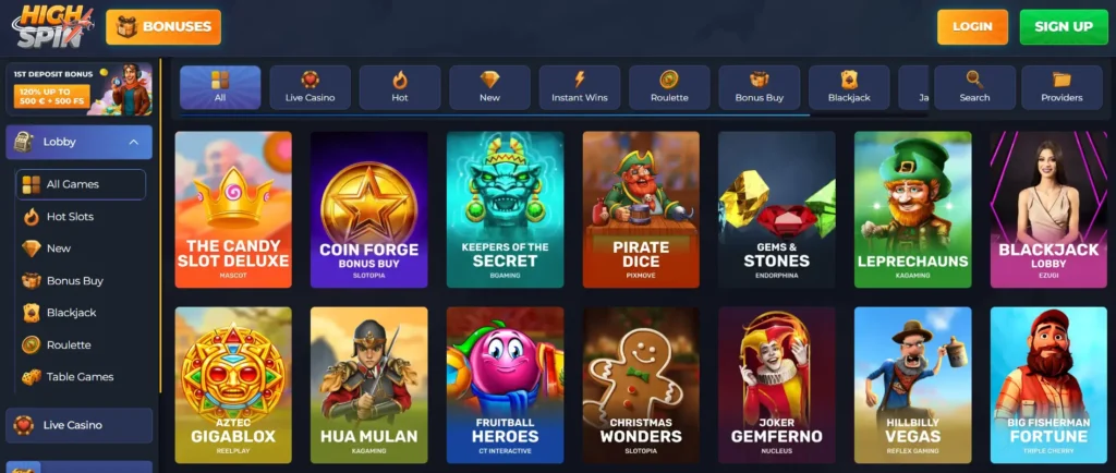 A selection grid displays popular game options at HighSpin Casino to help players find slots.