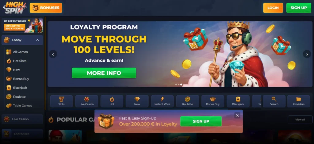 The Highspin Casino homepage displaying the loyalty program banner and sign-up buttons for players.