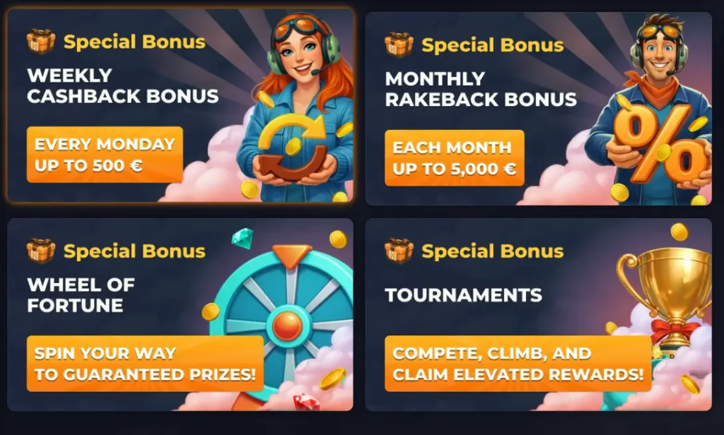 A grid display shows HighSpin special bonuses, including cashback, rakeback, and tournament details.
